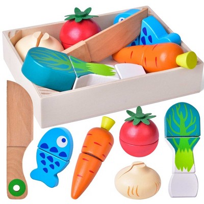 Fun Little Toys Wooden Vegetable Chopper Set – Pretend Play Food Cutting Toy for Kids, Montessori Kitchen Playset