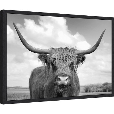 Highland Cow Black and White Framed Canvas Print 23 x 16 Inches