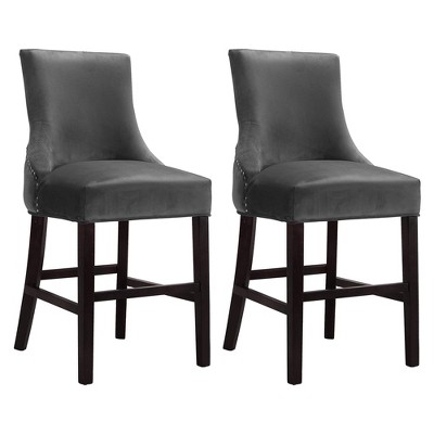 Meridian Furniture Hannah Collection Modern Velvet Upholstered Counter Stools with Wood Legs, Button Tufting, and Chrome Nailhead Trim, Set of 2, Gray