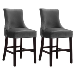 Meridian Furniture Hannah Collection Modern Velvet Upholstered Counter Stools with Wood Legs, Button Tufting, and Chrome Nailhead Trim, Set of 2, Gray - 1 of 4