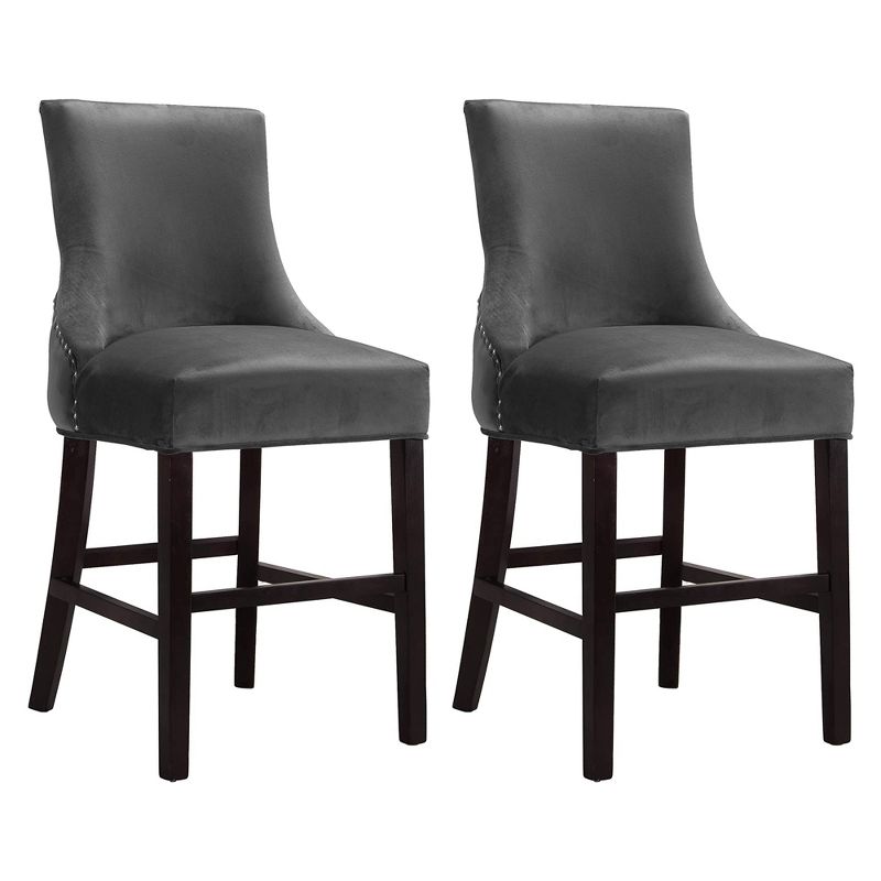 Meridian Furniture Hannah Collection Modern Velvet Upholstered Counter Stools with Wood Legs, Button Tufting, and Chrome Nailhead Trim, Set of 2, Gray, 1 of 7