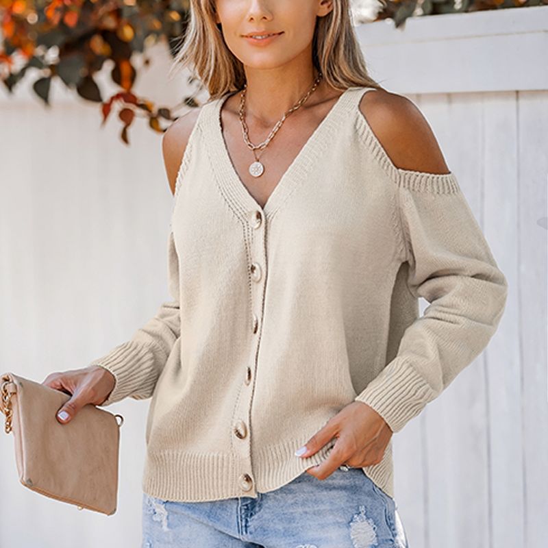 Women's Nude Open-Shoulder Button-Front Cardigan - Cupshe, 3 of 8
