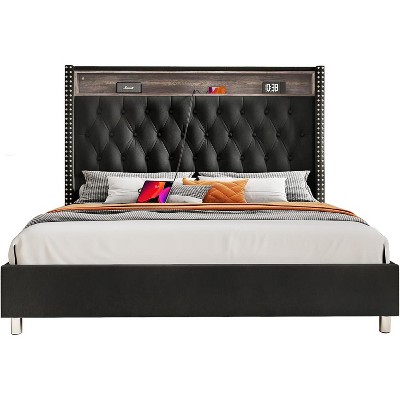 LED Frame with 53.2" Storage Headboard,USB Ports,No Box Spring Needed