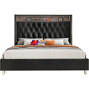 LED Frame with 53.2" Storage Headboard,USB Ports,No Box Spring Needed - 1 of 4