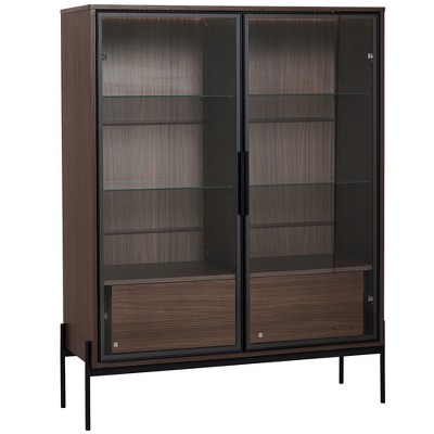 CLIHOME 51.2" Tall Lighted Display Cabinet with Tempered Glass Door, Metal Legs, LED Curio Cabinet, Walnut