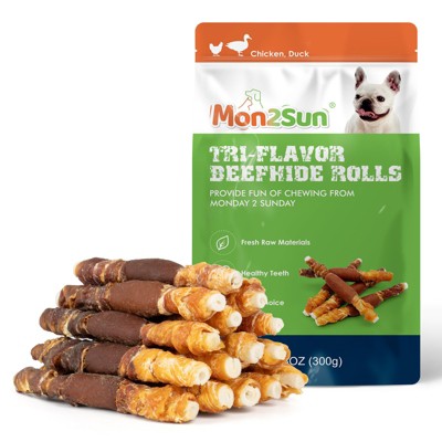 MON2SUN Dog Treats, Triple Flavor 5 Inch Chicken Liver Duck and Chicken Wrapped Rawhide Snacks for Small and Medium Dogs