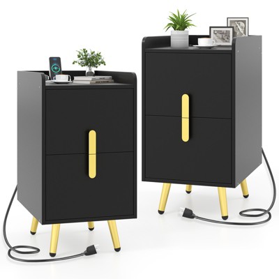 Tangkula 2PCS Nightstand w/ Charging Station Home Bedside Sofa Side Tables w/ 2 Drawers