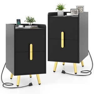 Tangkula 2PCS Nightstand w/ Charging Station Home Bedside Sofa Side Tables w/ 2 Drawers - 1 of 4