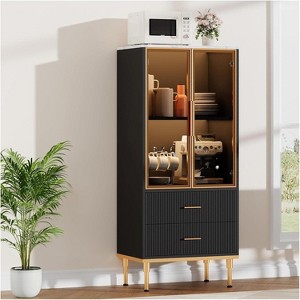 Coucheta Black Fluted Glass Storage Cabinet - Modern Display Unit with Adjustable Shelves & 2 Drawers for Kitchen or Living Room(Black) - 1 of 4