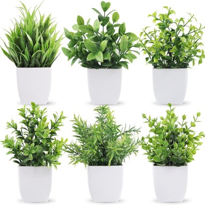 BRINJOY 6-Pack Small Artificial Potted Plants ¨C Realistic Flocked Eucalyptus Greenery for Indoor Home & Office Decor (Green)