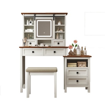 GlasFlength Farmhouse Makeup Vanity Desk with Mirror Lights , and Hairdryer holder, Drawer and Storage Cabinet, for Bedroom, White,31.5"*15.55"*47.42"