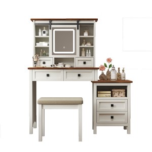 GlasFlength Farmhouse Makeup Vanity Desk with Mirror Lights , and Hairdryer holder, Drawer and Storage Cabinet, for Bedroom, White,31.5"*15.55"*47.42" - 1 of 4