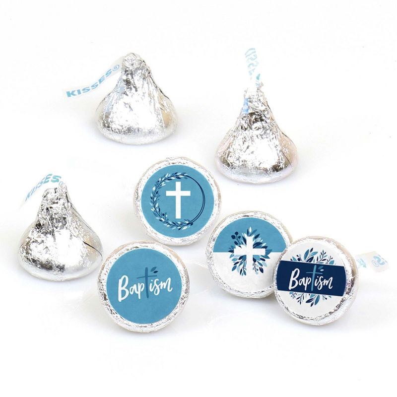 Big Dot of Happiness Baptism Blue Elegant Cross - Boy Religious Party Round Candy Sticker Favors - Labels Fits Chocolate Candy (1 sheet of 108), 1 of 6