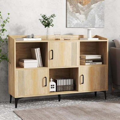 Munora Sideboard Storage Cabinet Bookcase with 3 Doors and Open Compartments, 47" x 11.5" x 32", Oak Finish