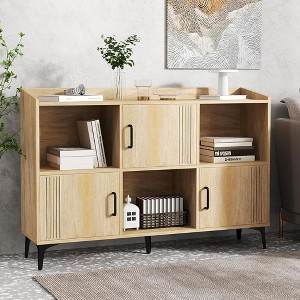 Munora Sideboard Storage Cabinet Bookcase with 3 Doors and Open Compartments, 47" x 11.5" x 32", Oak Finish - 1 of 4