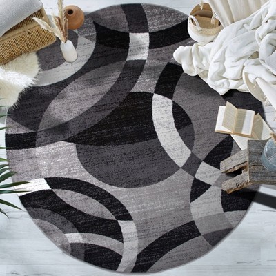 Gray Abstract Geometric Circles Round Area Rug 6'6"