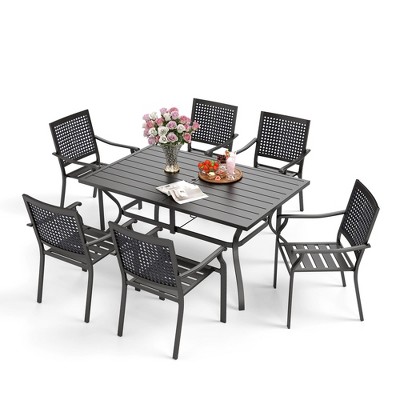 Captiva Designs 7pc Patio Dining Set with Slat-top Rectangle Steel Table & Metal Stackable Chairs