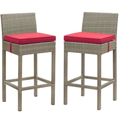 Modway Conduit Bar Stool Outdoor Patio Wicker Rattan Set of 2 - Light Gray Red