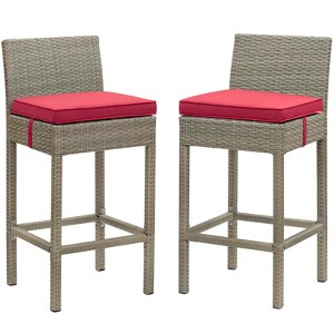 Modway Conduit Bar Stool Outdoor Patio Wicker Rattan Set of 2 - Light Gray Red - 1 of 4