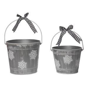 Transpac Metal 8.25 in. Gray Christmas Snowflake Buckets with Bow Set of 2 - 1 of 4