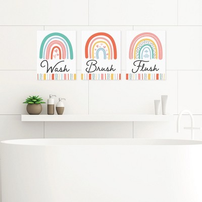 Big Dot of Happiness Hello Rainbow - Unframed Wash, Brush, Flush - Boho Bathroom Wall Art - 8 x 10 inches - Set of 3 Prints