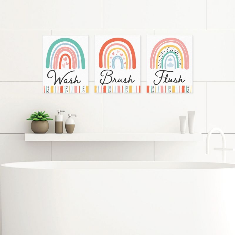 Big Dot of Happiness Hello Rainbow - Unframed Wash, Brush, Flush - Boho Bathroom Wall Art - 8 x 10 inches - Set of 3 Prints, 1 of 7