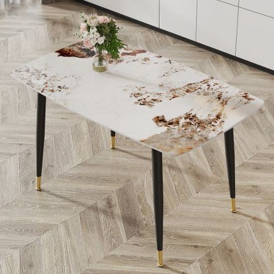 CENGHU Modern Minimalist Rectangular Dining Table for 6, Kitchen Table with Black Sintered Stone Tabletop and Golden Stripe Pattern for Kitchen