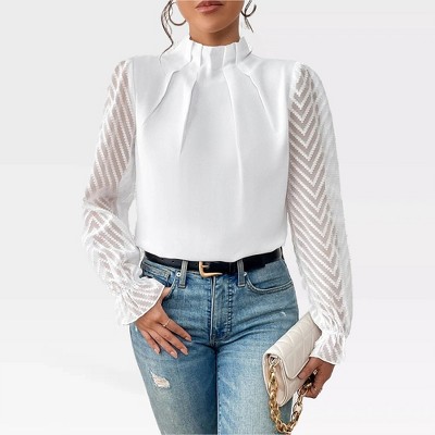 Womens Mesh Sleeve Blouse Mock Neck Front Pleated Shirts with Keyhole Back Elegant Formal Tops Wear To Work Office Business Shirts