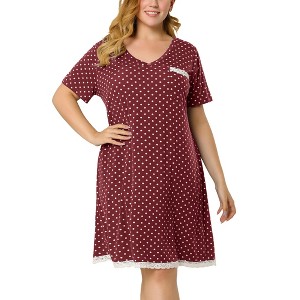 Agnes Orinda Women's Plus Size Pajamas Knit Lace Trim Polka Dots Short Sleeve Nightgowns - 1 of 4