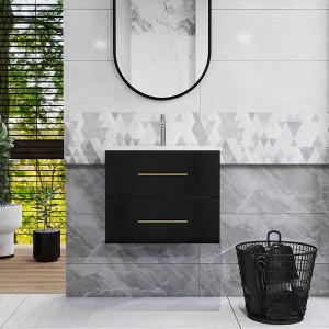 Gulches 24 in 1 Sink Wall-Mounted Vanity Black Bath Vanity with White Ceramic Top Double Drawers Gold Metal Long Handle - 1 of 4