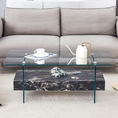 FONTOI Two-Tier Coffee Table with Tempered Glass Legs&Anti - slip Pads, Side Table, Black&Transparent, 23.6"*16.7"*43.3"