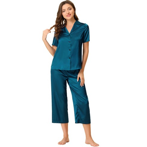 Cheibear Womens Pajama Sleepwear Silk Button Down With Capri Pants ...