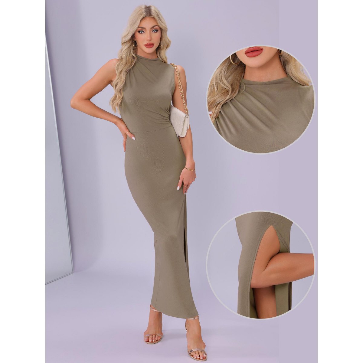 Женские платья INSPIRE CHIC Women's Mock Neck Sleeveless Ruched Front Side Slit Party Bodycon Maxi Dress Large Khaki — фото 2