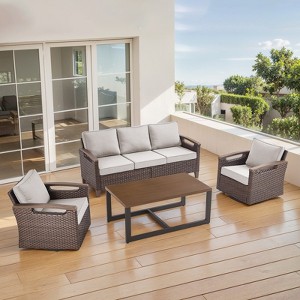 POCASSY Outdoor Patio Furniture Set with Swivel Chairs, All Weather Brown Wicker Outdoor Sofa Set with Metal Coffee Table and Comfort Thick Cushion - 1 of 4