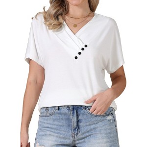 INSPIRE CHIC Women's Summer Short Sleeve Casual V Neck Pleated Button Tunic Tops - 1 of 4