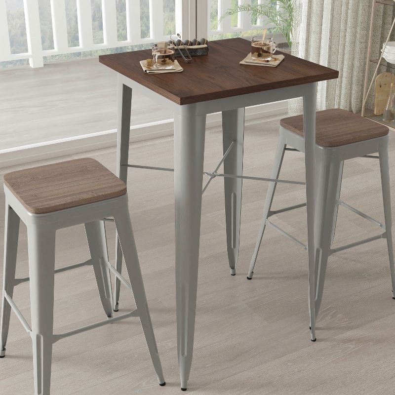 Merrick Lane 3 Piece Bar Table and Stools Set with 23.5" Square Silver Metal Table with Wood Top and 2 Matching Bar Stools, 4 of 5