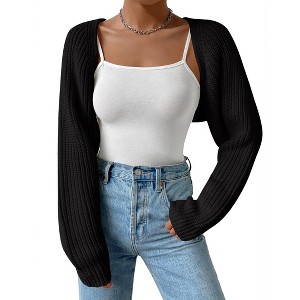 Women's Long Sleeve Open Front Knitted Crop Sweater Cardigan Drop Shoulder Knit Bolero Shrug - 1 of 4