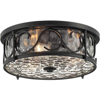 John Timberland Paseo Rustic Industrial Flush Mount Outdoor Ceiling Light Matte Black 6 1/4" Clear Hammered Glass Damp Rated for Post Exterior Barn