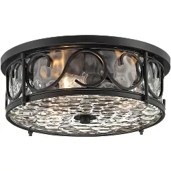 John Timberland Industrial Flush Mount Outdoor Ceiling Light Fixture Matte Black 17" Clear Hammered Glass Damp Rated for Exterior House Porch
