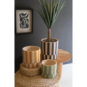 Clay Planters with Striped Details and Trays 10.5”Tall – Set of 3 by Kalalou - 1 of 4