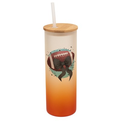 Elanze Designs 25 Ounce Frosted Glass Gradient Travel Tumbler With Straw and Wooden Lid, Football Paint Splatter Orange