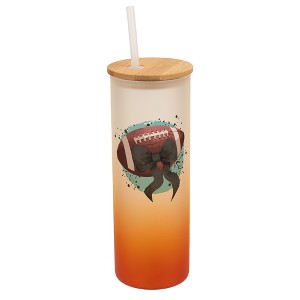 Elanze Designs 25 Ounce Frosted Glass Gradient Travel Tumbler With Straw and Wooden Lid, Football Paint Splatter Orange - 1 of 1