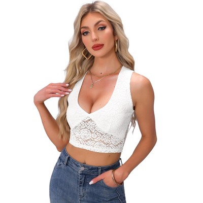 INSPIRE CHIC Women's Floral Lace Deep V Neck Sleeveless Sheer Cropped Cami Tank Tops
