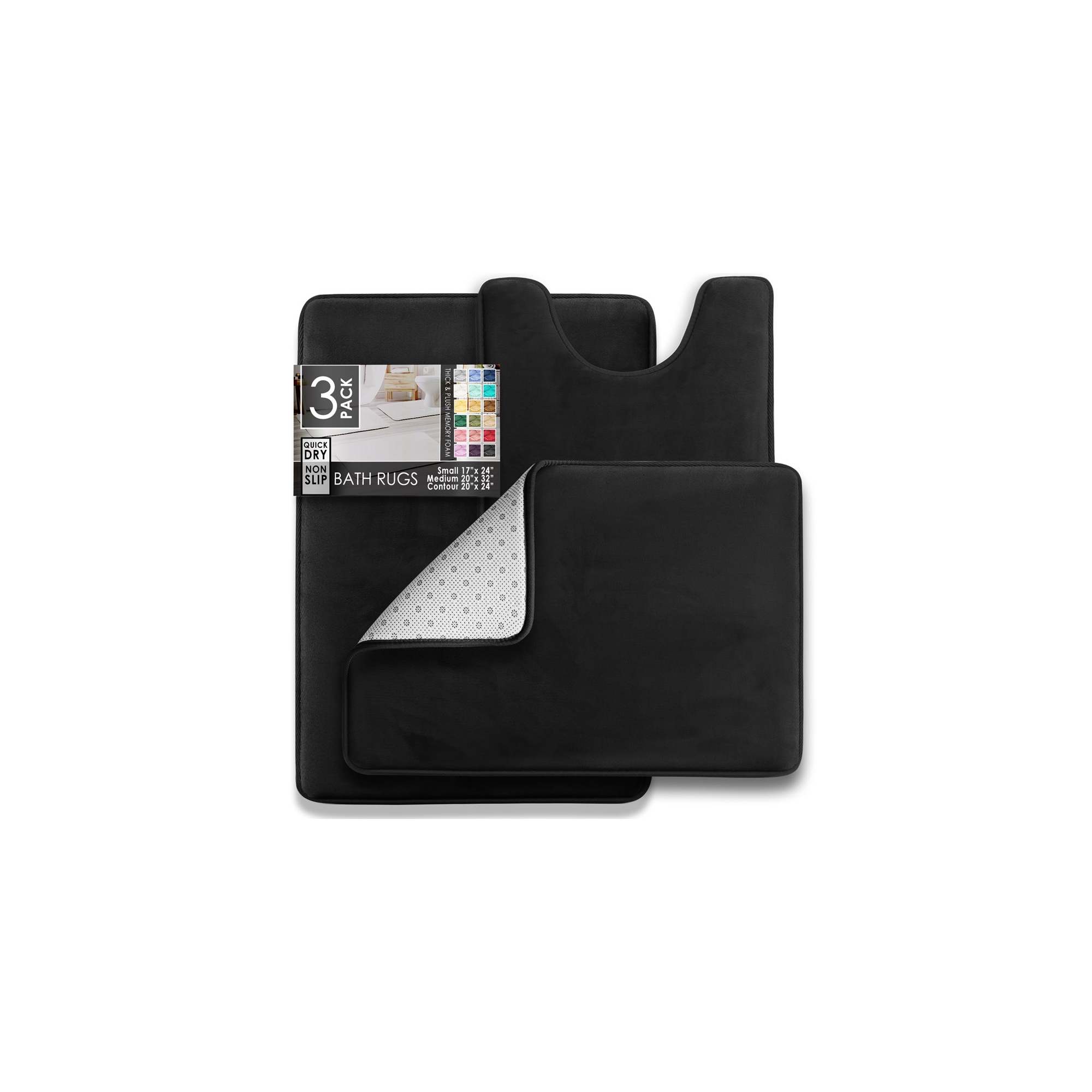 Hearth & Harbor 3 Piece Bathroom Rugs Bath Mat Set, Non-Slip Velvet Memory Foam Bath Mats, Black