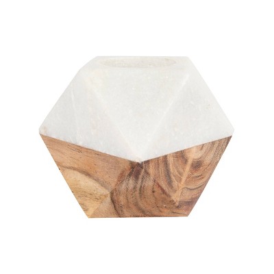 3" x 4" Mango Wood Tealight Candle Holder White Marble/Brown - 3R Studios