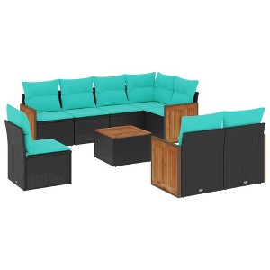 vidaXL Patio Sofa Set Black, Blue PE Rattan Large Adjustable Feet - Black With Table - 1 of 4