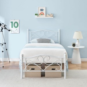 coucheta Twin Bed Frame,  Steel Slats Support, No Box Spring Needed, White. - 1 of 4
