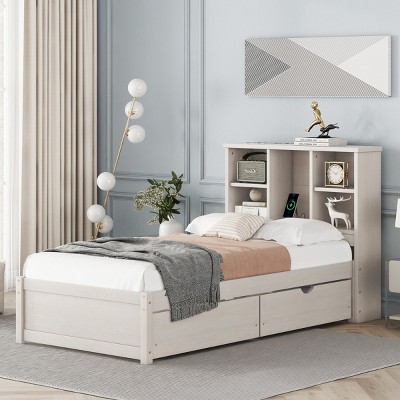 Twin Bed Frame with USB Charging Headboard, Wood Storage Drawers, No Box Spring Needed - Baofuwish