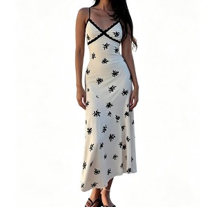 Women's Floral Print Spaghetti Strap Midi Dress Lace Trim V Neck