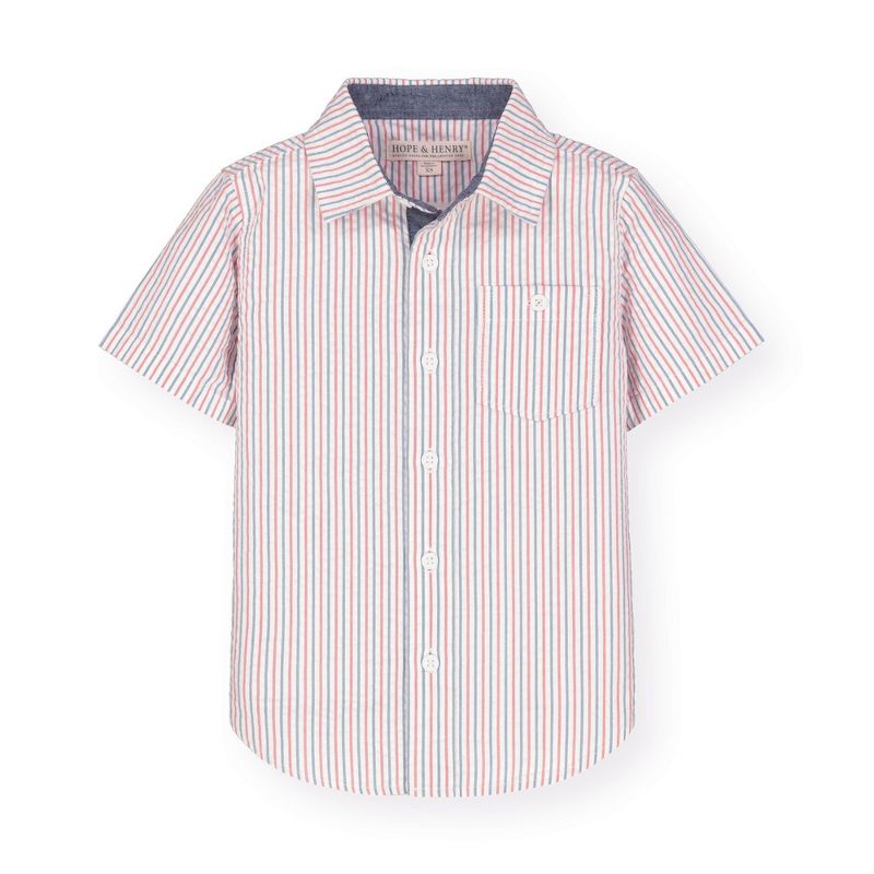 Hope & Henry Boys' Organic Seersucker Short Sleeve Button Down Shirt, Infant, 1 of 5